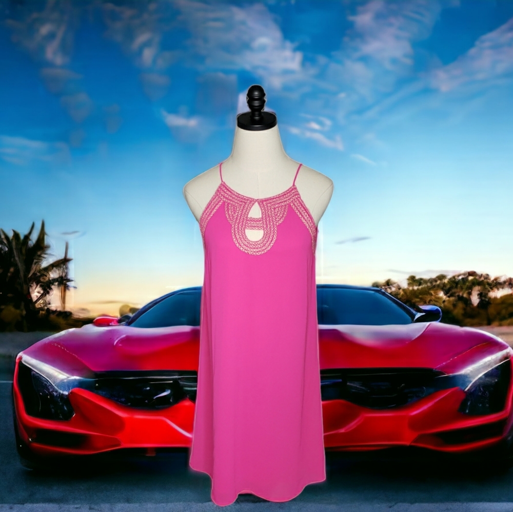 Frock Candy Hot Pink Greecian Gold Keyhole Criss Cross Barbie Core Party Dress S